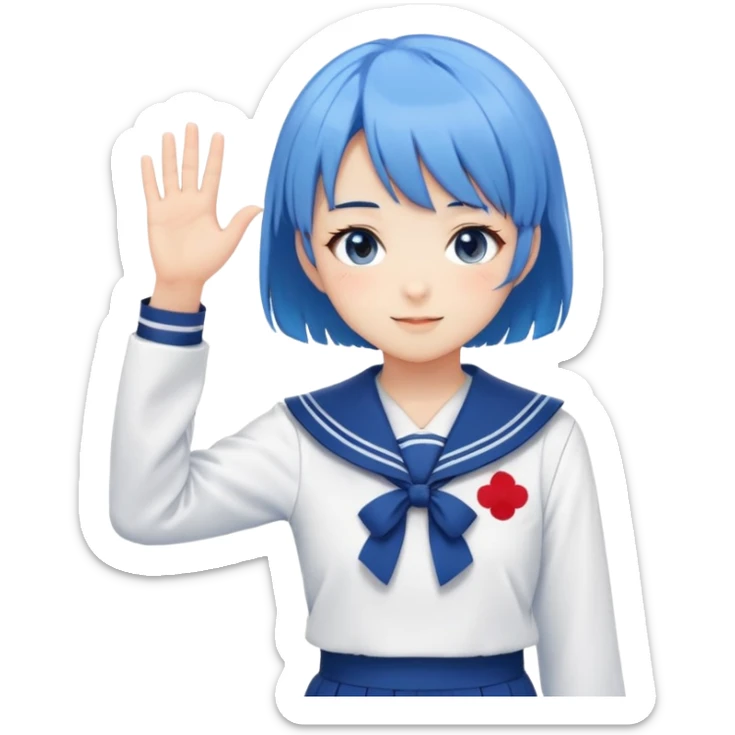 Anime girl with short bright blue hair wearing Japanese sailor style school uniform, composed posture with hand on hip but shyly waving with other hand, blushing face and timid smile sticker