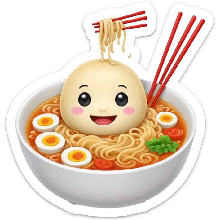 kawaii ramen with cute eyes and smile and 2 chopsticks like its a sticker sticker