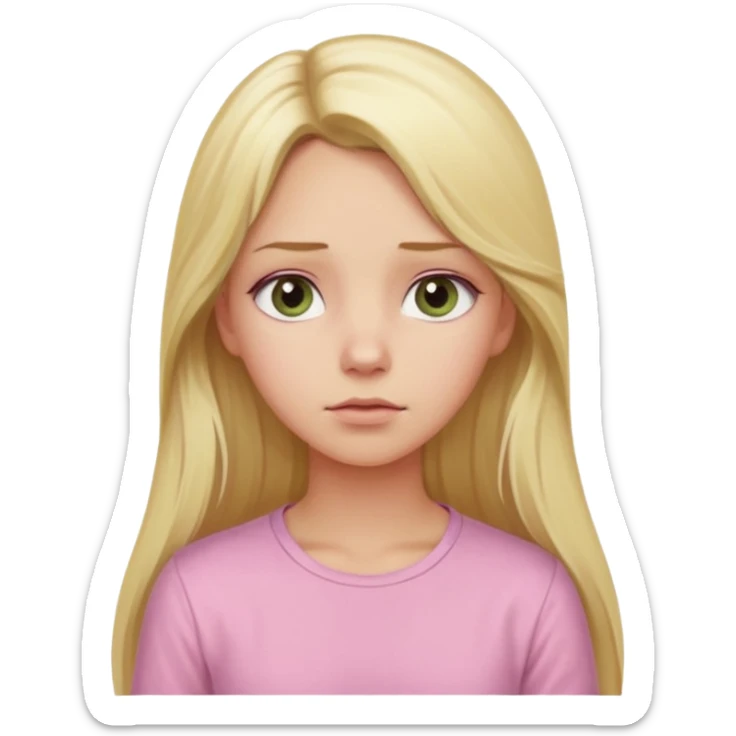 blonde with long hair and swamp-colored eyes, wearing a pastel pink shirt, thoughtful expression, looking up, iOS Apple emoji style sticker