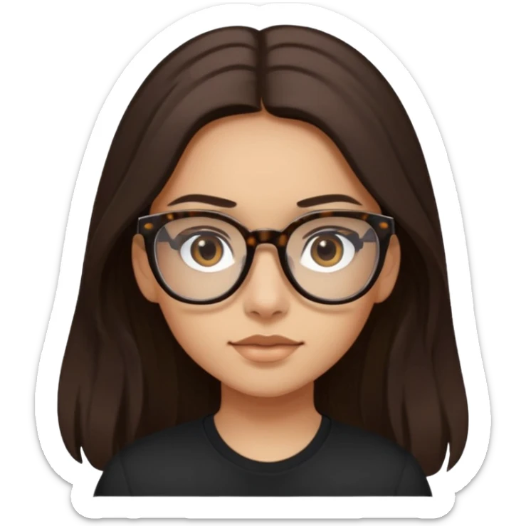 The girl with dark brown long hair, light skin, dark eyes, wearing black shirt and tortoise framed glasses sticker