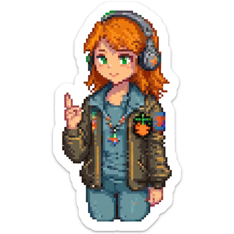 Modify the female recruiter in cute 8-bit pixel art style to hold up her right hand as if presenting or talking. Add an orange square pin with a white Y (YC logo) on her jacket. Keep the headset and no background. sticker