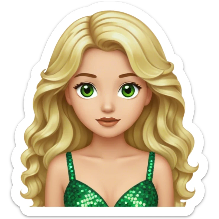 blonde model with brown eyes, long wavy hair, wearing a green sequin gown sticker
