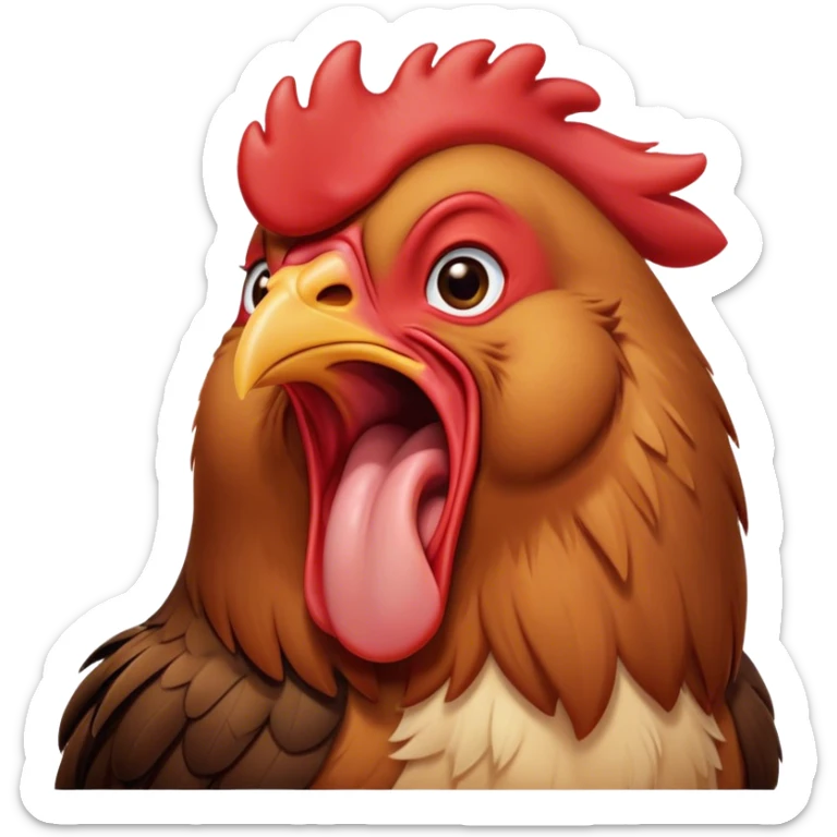 Cinematic Cute Yawning Brown Rooster Portrait Emoji, Head tilted slightly with a dramatic, wide-open yawn, showcasing a soft, downy brown plumage with a subtle red comb and drooping wings, round warm eyes barely open in drowsy contentment, Simplified yet irresistibly adorable features, highly detailed, glowing with a soft, cozy glow, high shine, relaxed yet expressive, stylized with a touch of whimsy, bright and endearing, soft glowing outline, capturing the essence of a sleepy yet affectionate rooster, so drowsy it feels like it could stretch out of the screen and curl up for a nap! sticker