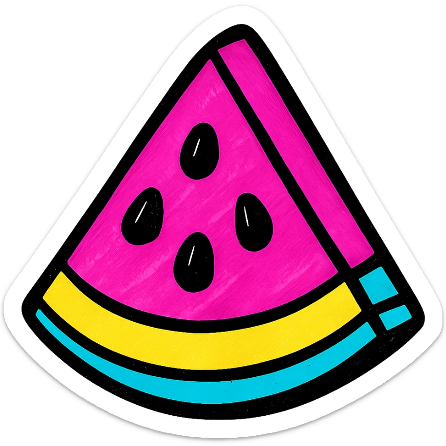 slice of watermelon with seeds, bright and juicy look, pop colors style sticker