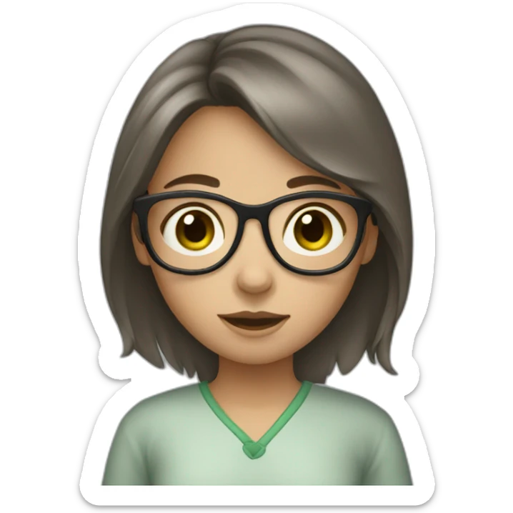 A girl with green eyes and brown hair and glasses and wearing gray pijama sticker