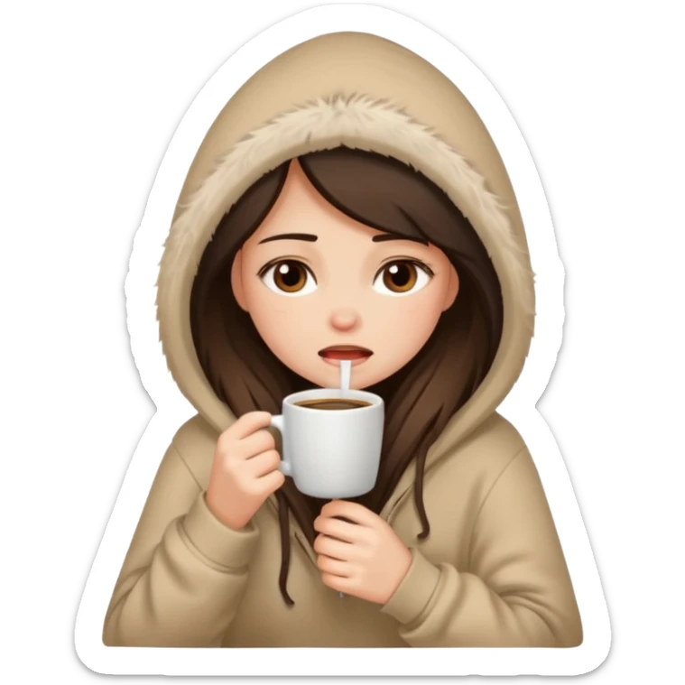 a brunette girl sitting cozily in a beige fur hoodie sipping coffee while crying sticker