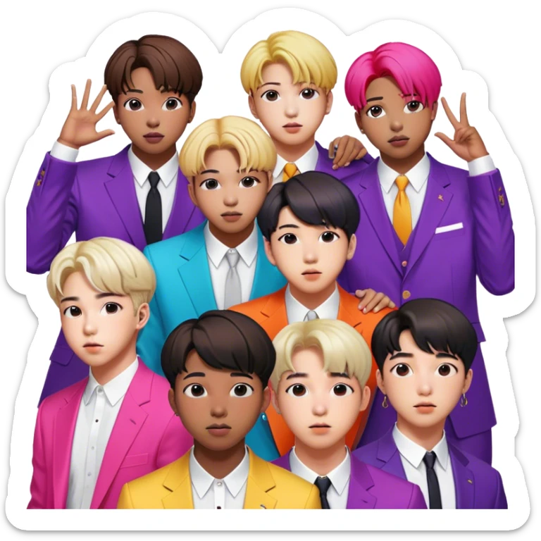 Cinematic Realistic group portrait of BTS featuring all 7 members in stylish modern attire, with detailed facial expressions and vibrant colors, captured in dynamic, contemporary lighting that emphasizes their global pop icon status sticker