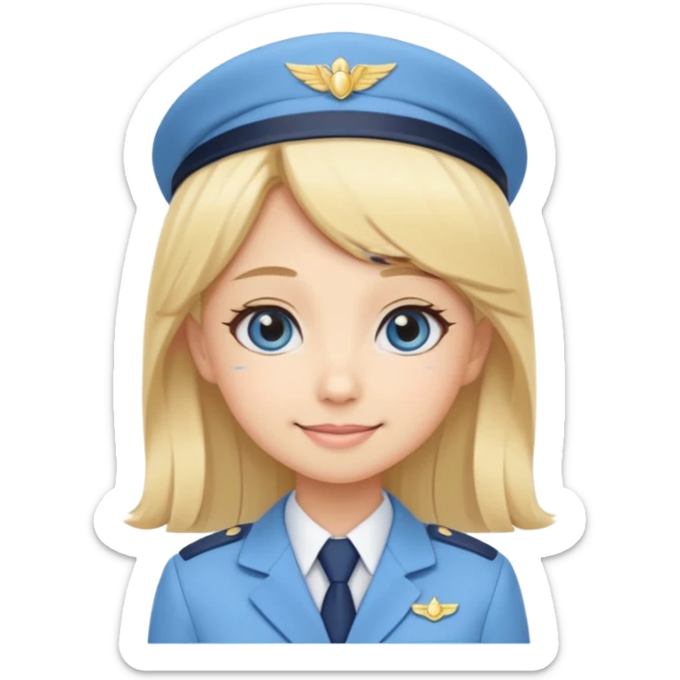 Cute emoji-style Japanese flight attendant, blonde long hair , pastel blue airline uniform, kawaii cartoon style, big eyes, simple clean lineart, pastel colors, chibi proportions, friendly smile, sticker/emoji, transparent background sticker