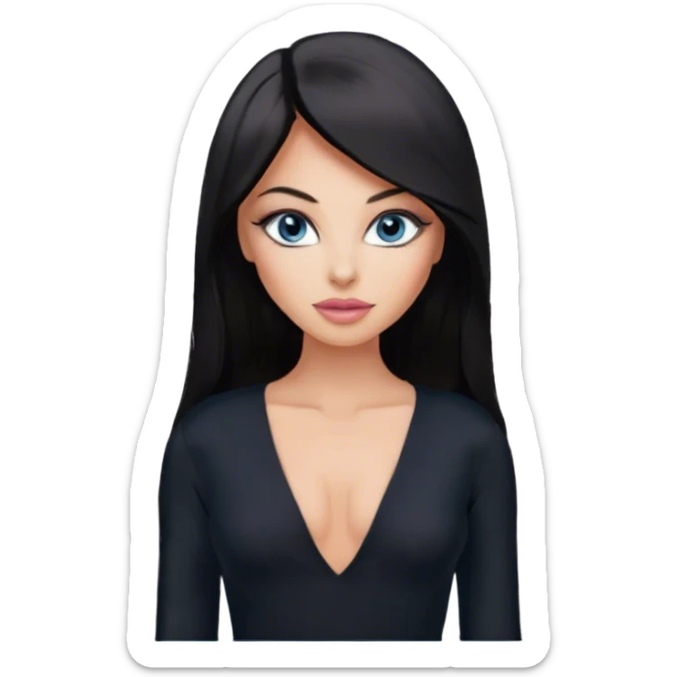 Glamours, tanned, beautiful, girl, with blue eyes, big pump peach-beige-rose lips, eyeliner, long lashes, black straight smooth silky long hair, parting hair in the middle,  in black v-neck bodysuit long sleeves sticker