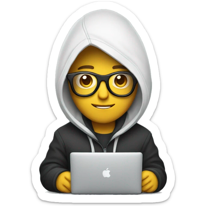 a designer in glasses and a hoodie holds a mac book in his hands sticker