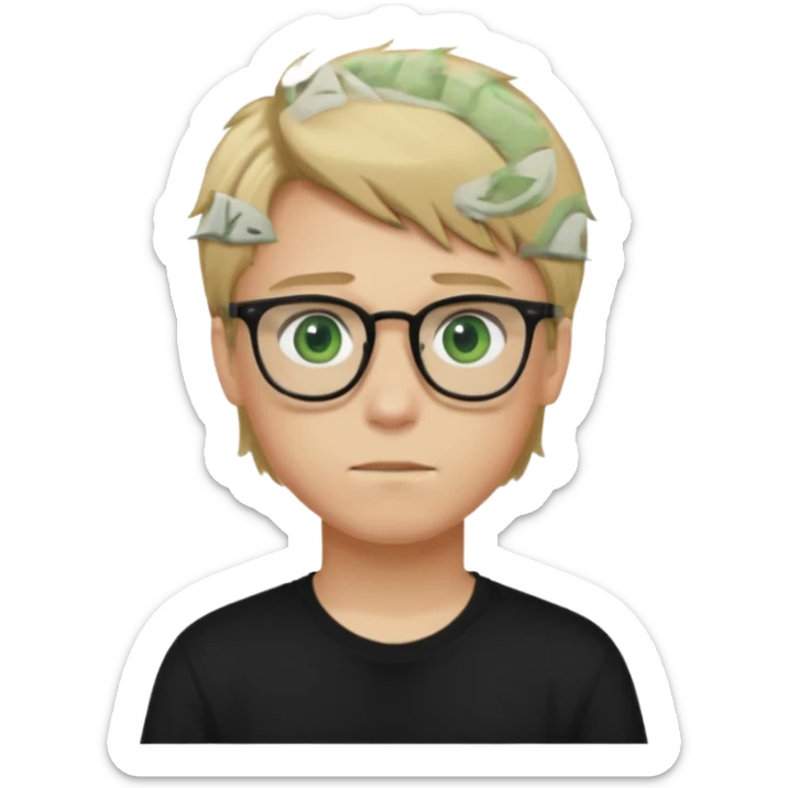 Generate me a profile picture like with a teenage boy who has dirty blond hair, green eyes, glasses and a black t-shirt sticker