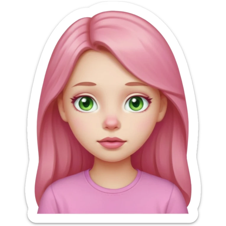 Pale girl, pink nose, cheeks, nose, chin, long light brown hair, Pink full lips, doe eyes, light green eyes wearing cute pink shirt sticker