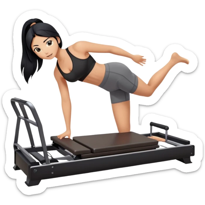 woman with tanned skin, long black hair, wearing a sports bra, doing Pilates on a reformer machine sticker