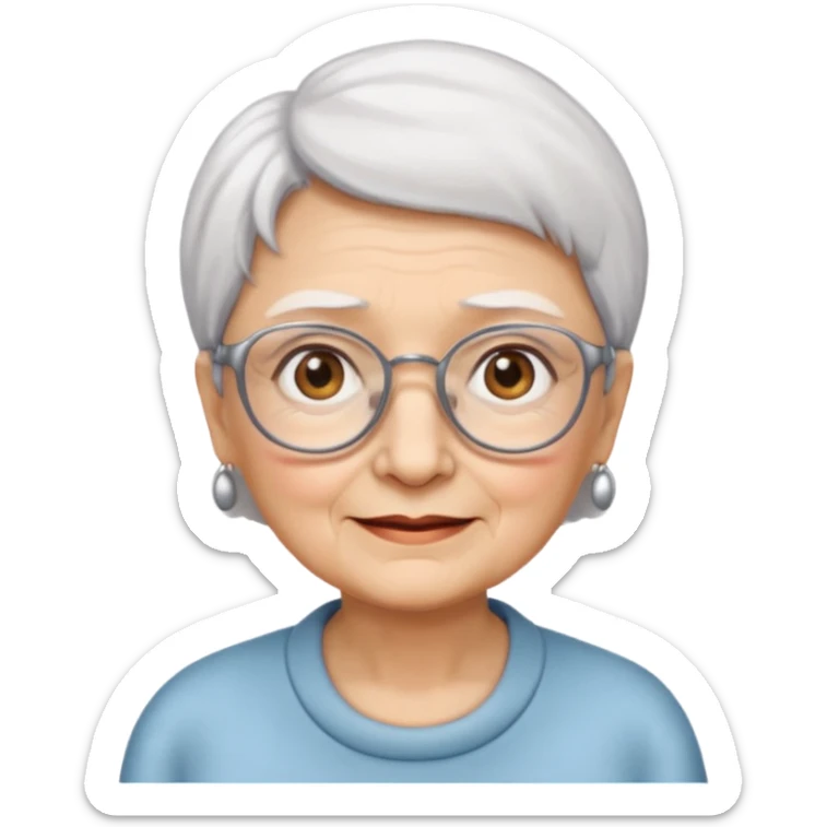 Create me emoji of an old lady. Short white hair to left side. Square glasses. Brown eyes. Rounded bigger face. Wide nose sticker