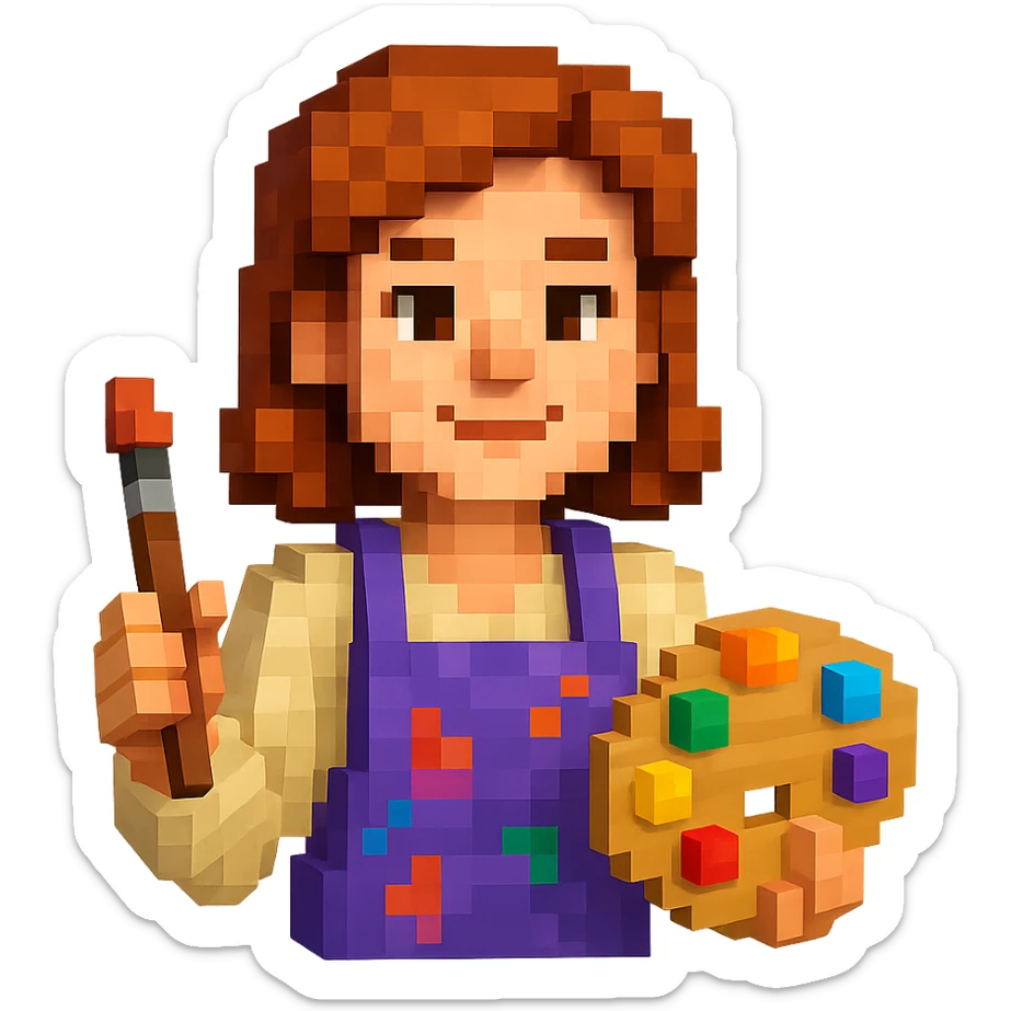 Serene female oil painter, Caucasian features, shoulder-length auburn hair, soft brown eyes, gentle smile, wearing a violet painter’s apron lightly stained with paint over a beige blouse, holding a wooden palette with vibrant colors in one hand and a brush in the other, waist-up, front-facing sticker