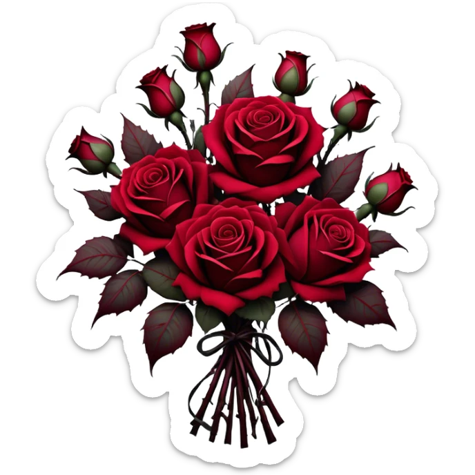 A surreal bouquet of Gothic roses, their petals drenched in crimson hues, from Venetian red to rustic tones, glowing against a dark, misty backdrop. The air is heavy with an eerie, romantic atmosphere, as if the flowers hold secrets of the past.
 sticker