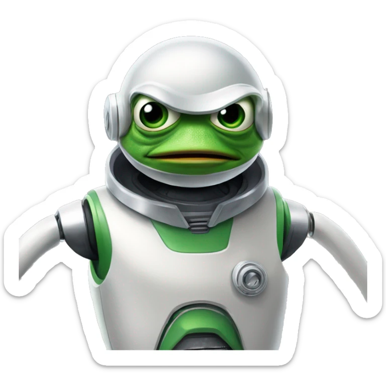 pepe the frog as a robot similar to astro robot but only the head (no body, no arms). it is important that is only the head, coverd with a robot suit.  sticker