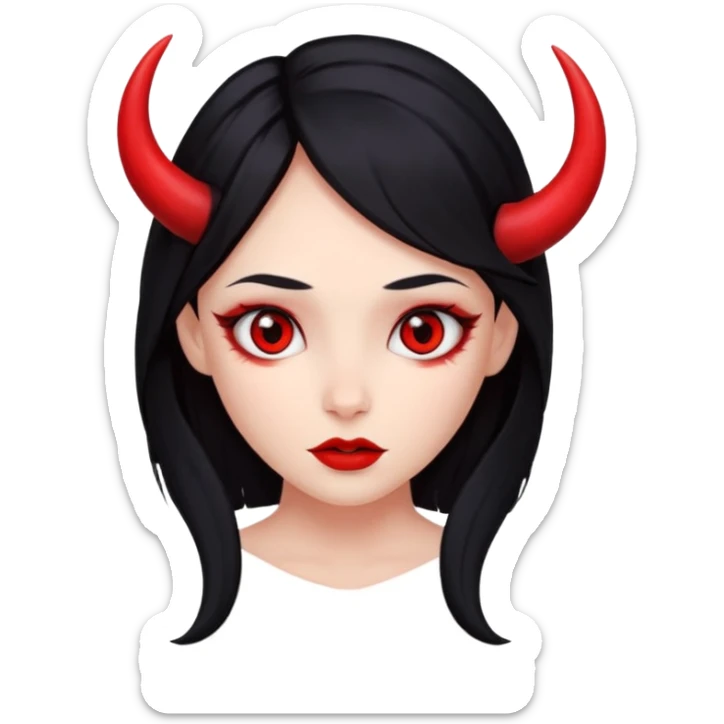 A girl's face with cheekbones, completely red skin, long black hair, small red horns, and red eyes. sticker