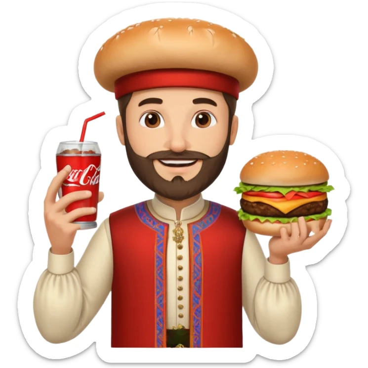 caucasian man with beard and armenian traditional costume, burger in one hand, coke in other sticker