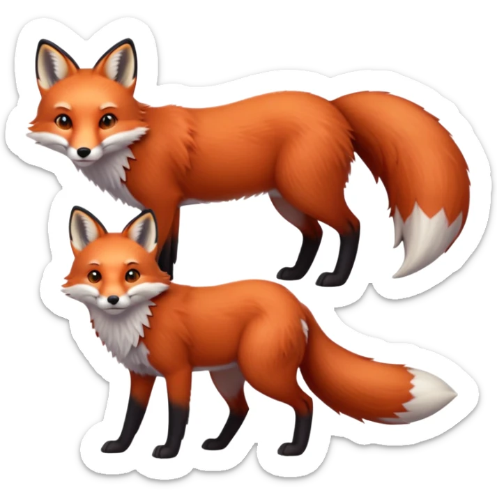 cinematic-[fox]-realistic-full-body-standing on all fours-emoji,-tail-tucked-close,-head-tilted-dramatically,-fox-[red]-fur,-simplified-yet-realistic-focused-features,-highly-detailed,-glowing-with-an-almost-sarcastic-glow  expressive eyes sticker