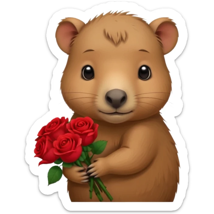 Cute baby capypara with sad puppy dog eyes holding roses  sticker