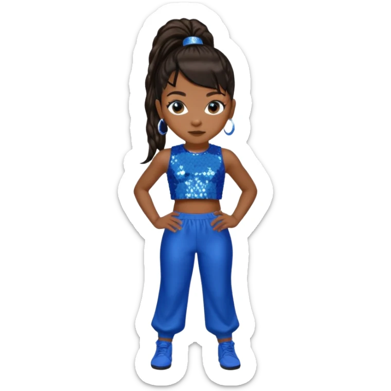 Left Eye from TLC with long dark brown ponytail hair, blue sequin crop top and pants sticker