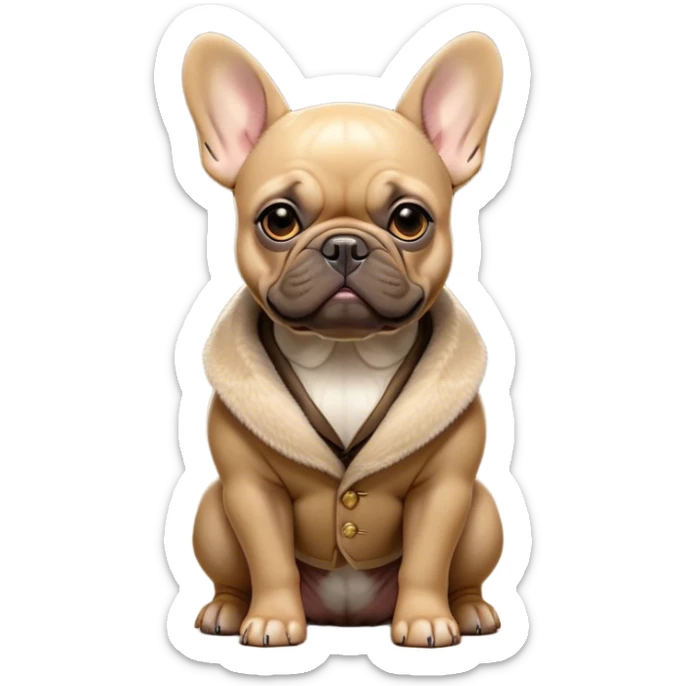 Cinematic Noble Fawn French Bulldog Portrait Emoji, Poised and regal, with a compact, muscular build and a sleek, well-groomed fawn coat, deep-set soulful dark eyes, Simplified yet sharp and sophisticated features, highly detailed, glowing with a soft, dignified glow, high shine, intelligent and determined, stylized with an air of authority, focused and attentive, soft glowing outline, capturing the essence of a watchful and confident companion, so majestic it feels as though it could strut out of the screen with effortless authority! sticker