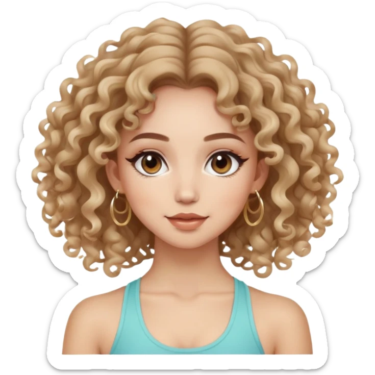 cute balayage curly/wavy haired girl, hoop earrings, clean girl makeup DOING a YOGA pose sticker