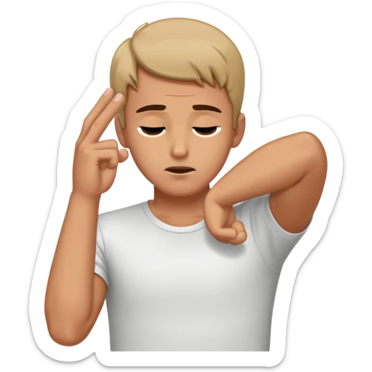 man holding his hands on the side of his head pointing finger guns at his head from the side with his eyes closed  sticker