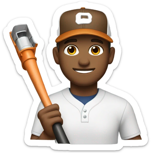 White man with brown hair and brown eyes, wearing a baseball hat and holding a leaf blower sticker