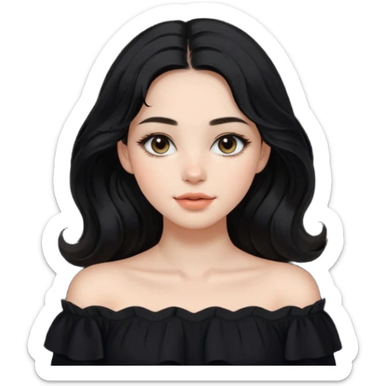 A realistic 3D avatar of a young woman with a soft oval face, slim cheeks, natural almond eyes, long wavy black hair, minimal makeup, wearing a black off-shoulder top, elegant and aesthetic, not cartoonish. sticker