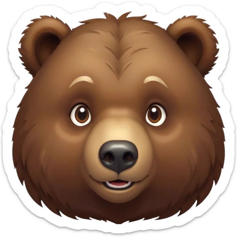 Cinematic Cute Grizzly Bear Portrait Emoji, Head tilted playfully and inquisitively, featuring a dense, rugged deep brown fur with a gentle, curious expression in round, sparkling eyes, Simplified yet irresistibly adorable features, highly detailed, glowing with a warm, friendly glow, high shine, affectionate and surprisingly gentle, stylized with a touch of wild whimsy, bright and endearing, soft glowing outline, capturing the essence of a mischievous yet loving bear, so playful it feels like it could amble out of the screen and into your arms! sticker