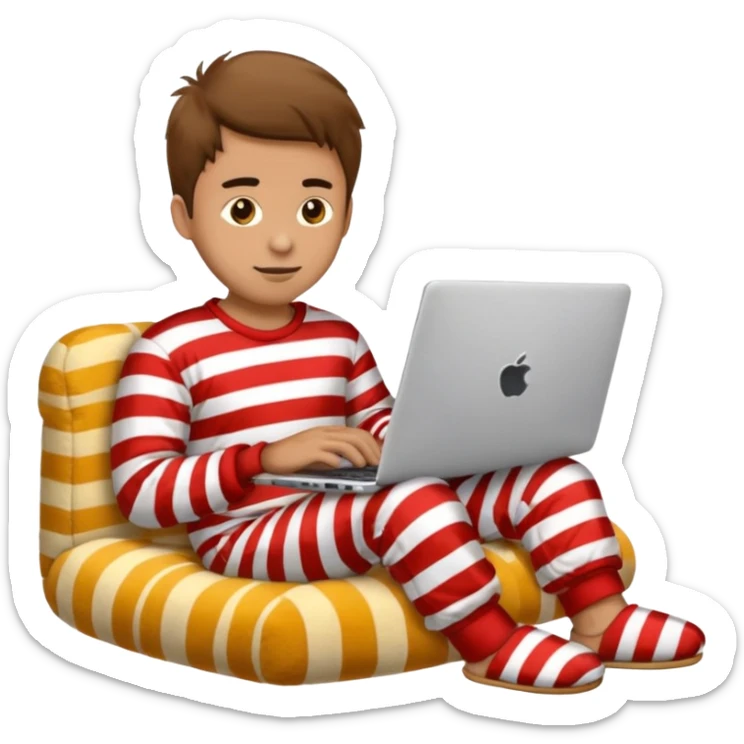 man in striped pajamas and fuzzy slippers typing on a laptop, emoji style sticker