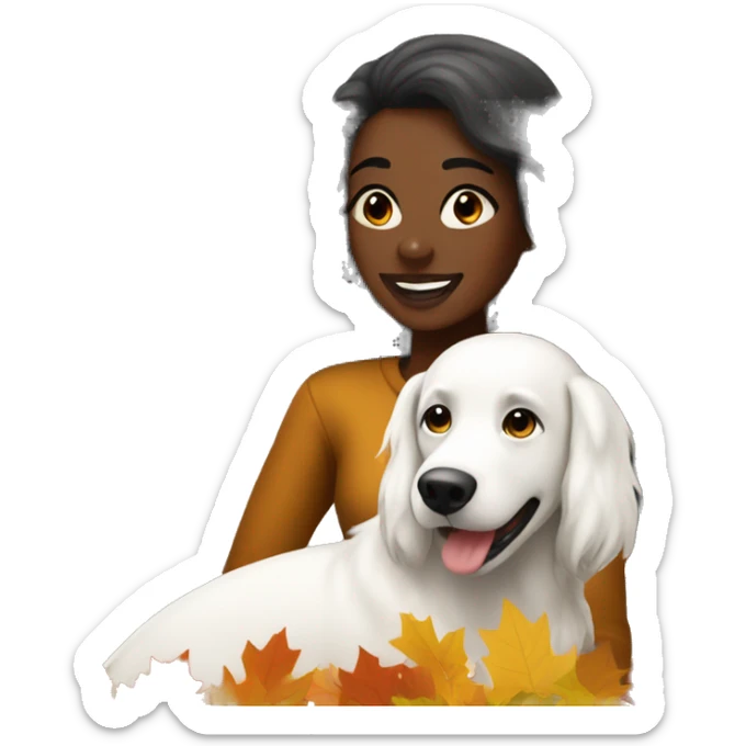 Long haired Black woman with a white dog wishing a happy Thanksgiving  sticker