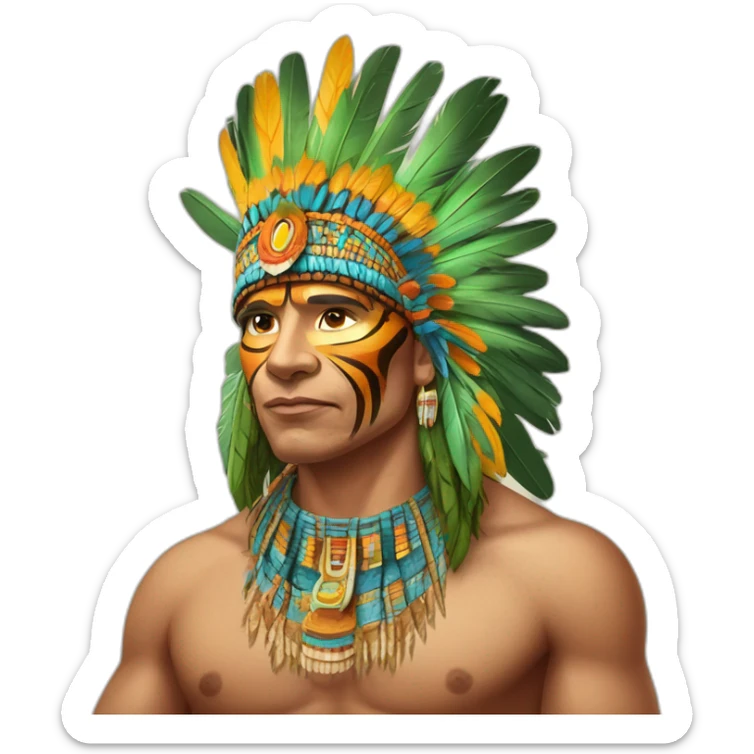 Chamán indígena con corona de plumas de guacamayo y collares de colmillos de tigre sticker