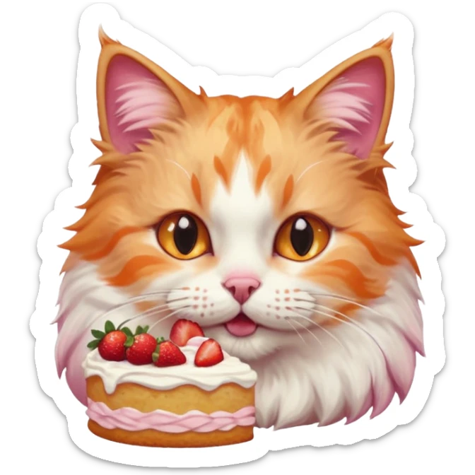 Close-up portrait of a fluffy cat eating a strawberry cake, pink cream on its nose and whiskers, detailed fur texture, soft natural light, shallow depth of field, high resolution, cute and candid moment
, sticker