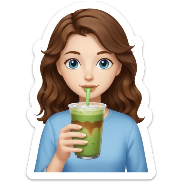 White girl with blue eyes, brown wavy hair drinking iced matcha latte sticker