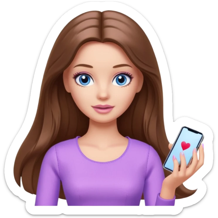 beautiful barbie girl with long brown hair, blue eyes and wearing light purple clothes playing games sticker