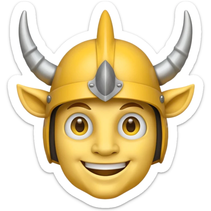Viking emoji in Messenger style, yellow face, simple eyes, smiling, horned helmet sticker