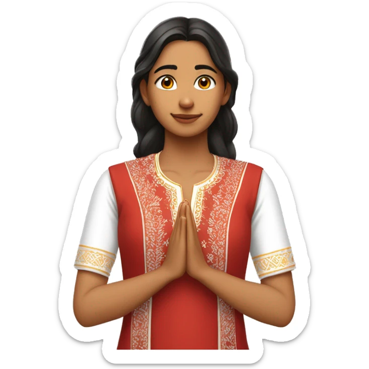 A teenage girl wearing plain white embroidered v  neck kurty, with no designs . She is also wearing red modi jacket. She is joining her hands and praying  sticker