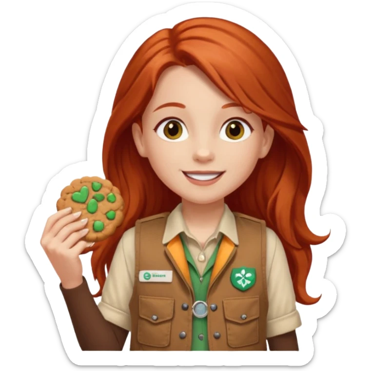 happy white girl scout with red long hair selling cookies with a brown Girl Scout vest and white shirt under vest. She should be around 10 years old sticker