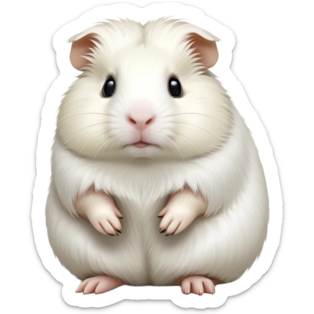 cinematic-[white guinea pig]-realistic-full-body-sitting-emoji,-tiny-paws-tucked-close,-head-tilted-dramatically,-fluffy-[solid white]-fur,-simplified-yet-realistic-focused-features,-highly-detailed,-glowing-with-an-almost-sarcastic-glow sticker