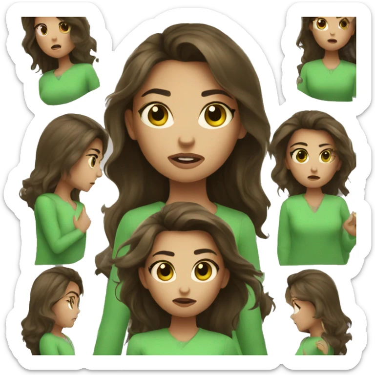 angry face with brunette hair and make it a girl and with green clothes on and holding skincare products sticker