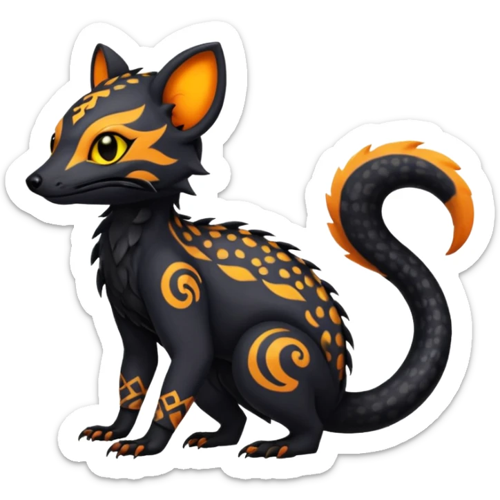 Rare warm-colored exotic gloomy tropical edgy cute epic aesthetic spooky  gothic colorful Salandit-Noibat-Civet-species-Fakemon-hybrid-creature, with tribal tattoo markings, full body sticker