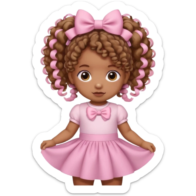 a brown skin baby with curly hair and a baby pink skirt and baby pink bows with her hair in pigtails sticker