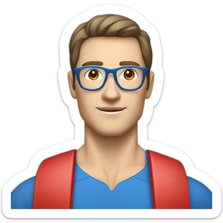 retro 70s blue and red gym clothes for a modern white brunette uni male student with glass sticker