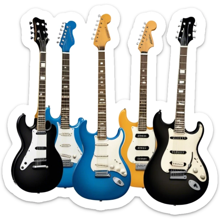 Icon for Blues Music: close-up collage of legendary blues artists. Gary Moore, Eric Clapton, B.B. King and Joe Cocker. Represented by silhouettes or symbolic items like guitars, microphones, or music notes, reflecting the soulful energy of blues music. Transparent background. sticker