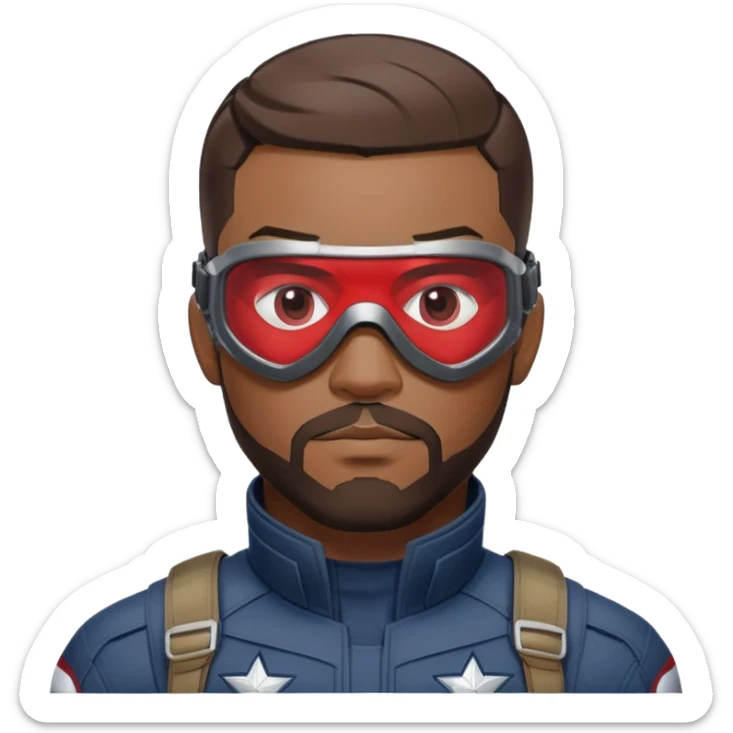 sam wilson with a very short hair close to the scalp and  a well-groomed beard that connects to his mustache,  wear sleek, red-tinted tactical goggles fit snugly from captain america: civil war sticker