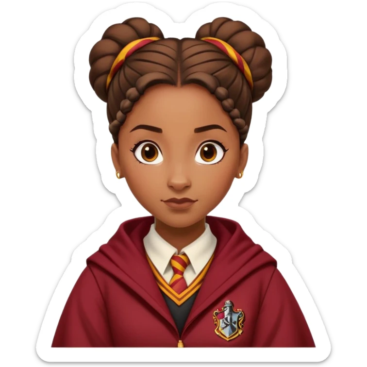 Tiana Benjamin is Angelina Johnson in harry potter, wear hogwarts gryfindor uniform,  thick, brown knot bun hair , reflecting her bold, stylish, and strong personality sticker