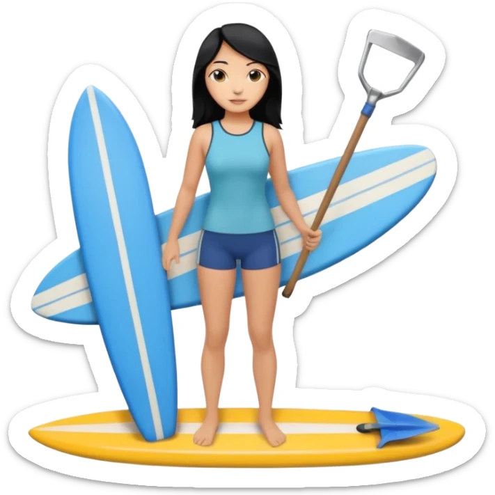 Surfer(woman) black hair holding her cell phone and long garden shovel with another hand. Under her feet, there is one blue surfing board. sticker